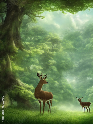 Deers Roaming In Fantastic Fairytale Forest, Illustration