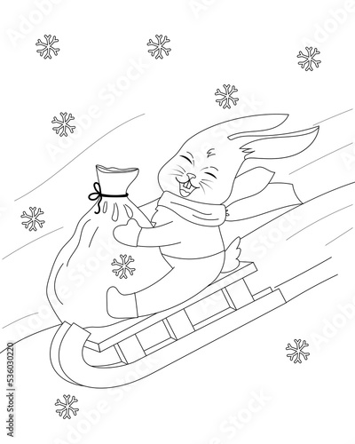 Coloring page of a cute cartoon bunny sledging. Coloring book for kids. Vector outline illustration
