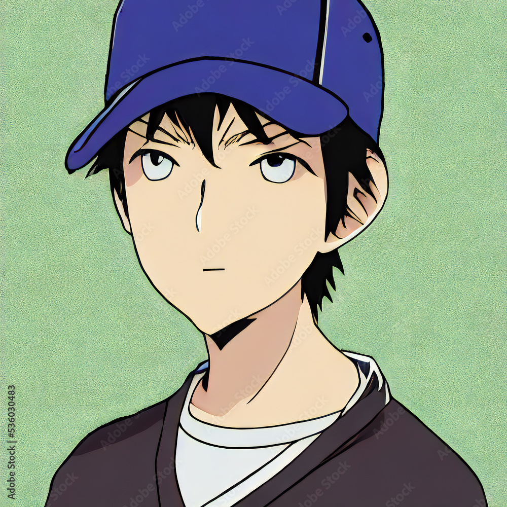Illustration Of An Anime Boy Wearing Baseball Hat And Shirt, Green  Background Stock Illustration | Adobe Stock