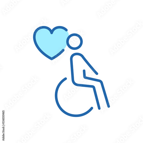 Charity and Donate Concept. Handicap Patient in Wheelchair Line Icon. Volunteer Care for Disabled Linear Pictogram. Caregiver Icon. Care and Help Service. Editable stroke. Vector Illustration