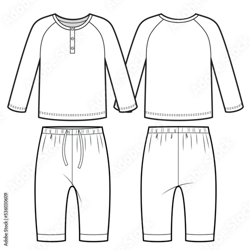 Baby pajamas technical sketch. Cotton sweatshirt and pants.
