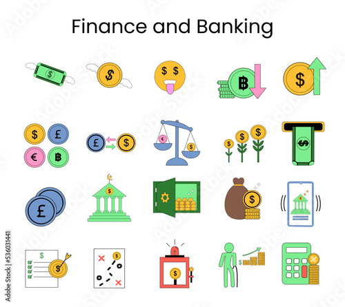 Finance and banking icon set element. Collections Illustration of money, gold, bank, crypto currency, sharia bank, financial planning, financial growth and others. Vector design of finance element.