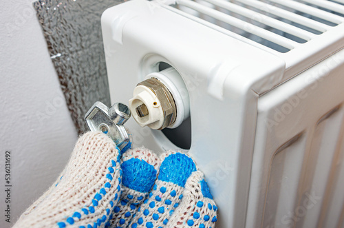 Εκτύπωση καμβά Radiator bleed key in plumber's hand