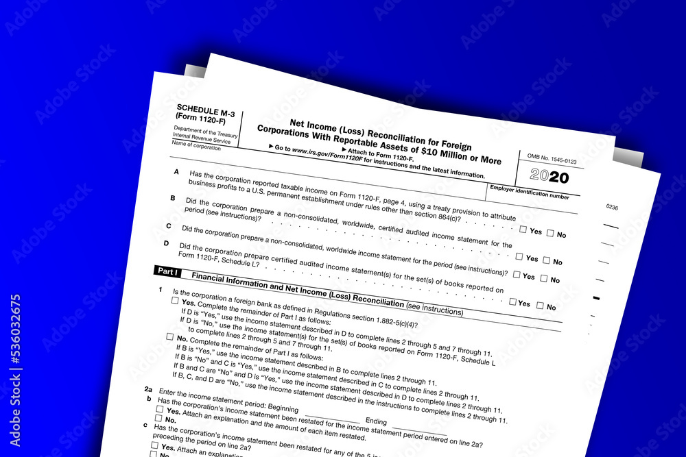 Fototapeta premium Form 1120-F (Schedule M-3) documentation published IRS USA 11.13.2020. American tax document on colored