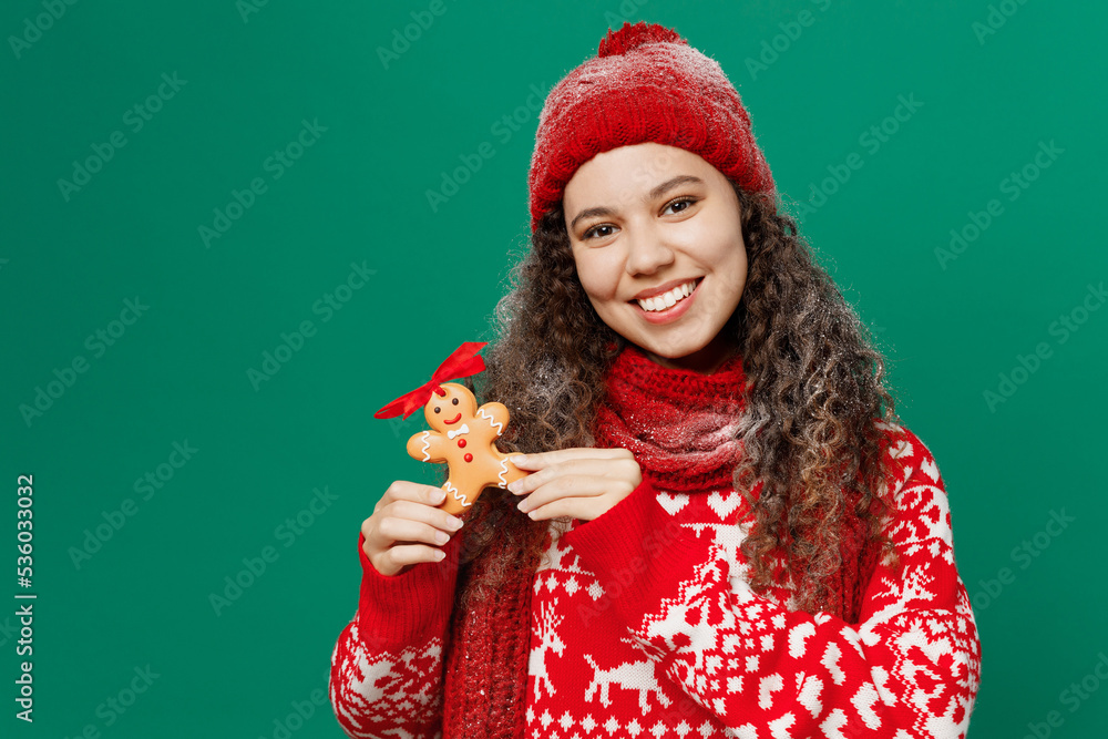 Merry young fun woman wearing red warm cozy knitted sweater hat posing hold ginger cookie man isolated on plain dark green background studio portrait. Happy New Year 2023 celebration holiday concept. Merry young fun woman wearing red warm cozy knitted sweater hat posing hold ginger cookie man isolated on plain dark green background studio portrait. Happy New Year 2023 celebration holiday concept.