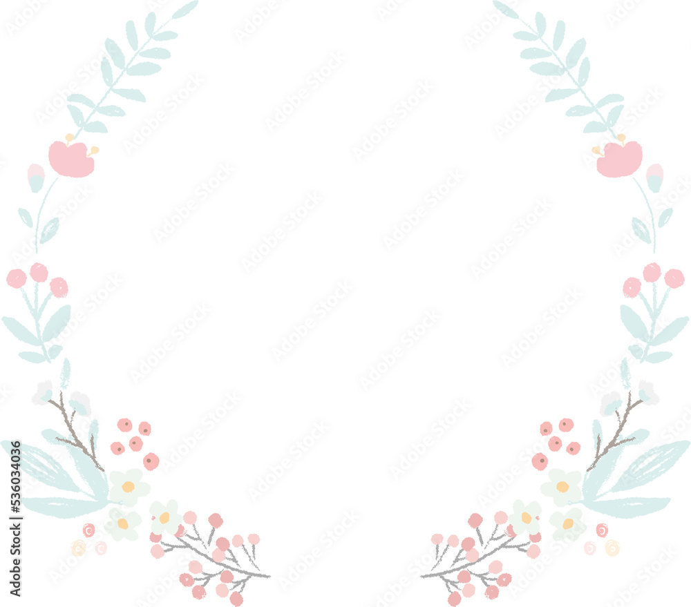cute hand draw style pastel pink and blue spring tiny little flower and leaf wreath