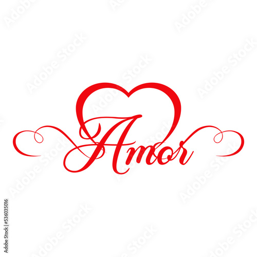Logo con texto manuscrito Amor en español con silueta de corazón lineal con filigrana caligráfica. Líneas con florituras