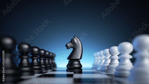 3d rendering, chess game knight piece stands in the middle of the chessboard between two rows of pawns. Black horse over the blue background