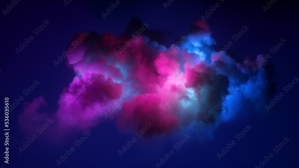 3d render, abstract stormy cloud glowing from inside with bright pink blue light. Neon background - obrazy, fototapety, plakaty 
