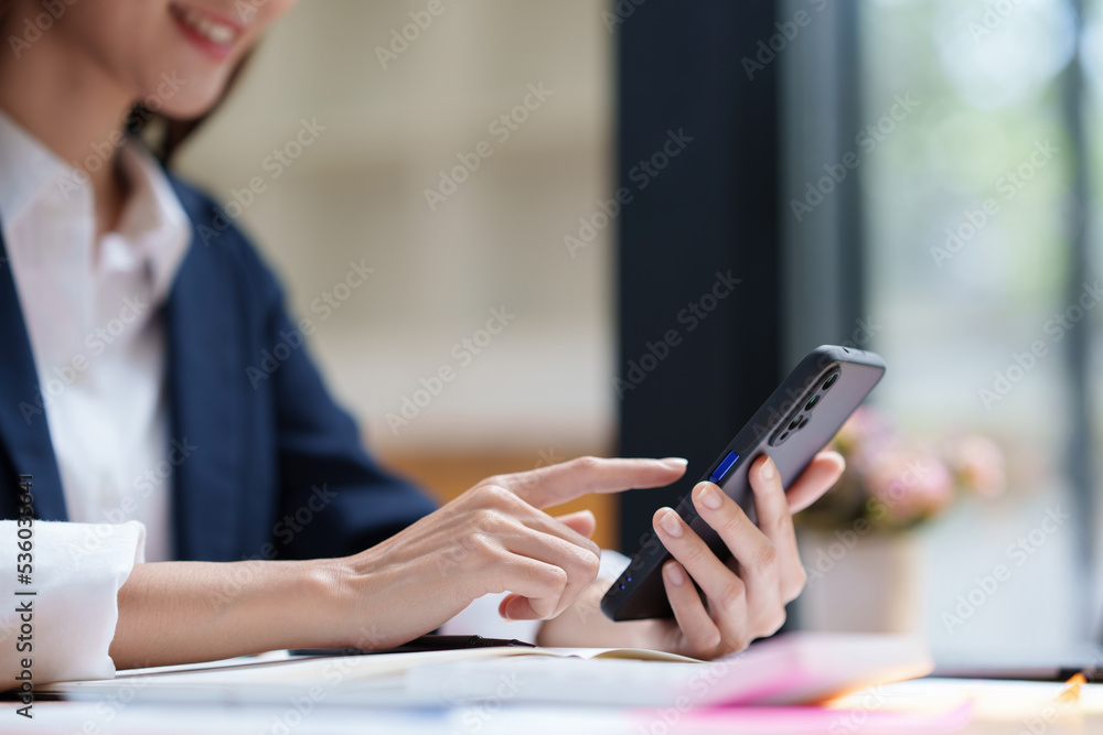 Fototapeta premium A businesswoman completes KYC using an online banking program in order to open a digital savings account. The definition of cyber security