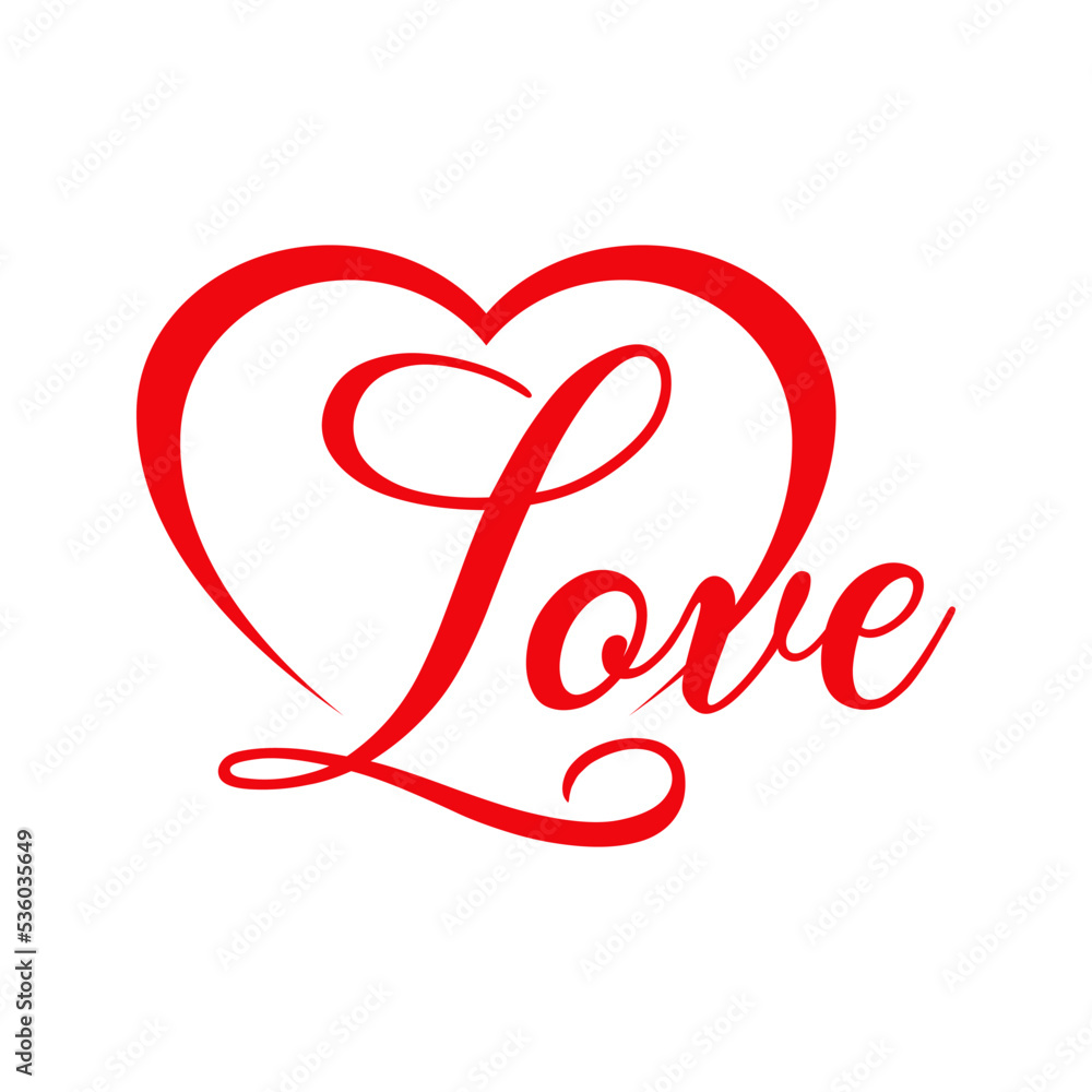 Logo con texto manuscrito Love con silueta de corazón lineal con filigrana caligráfica. Líneas con florituras