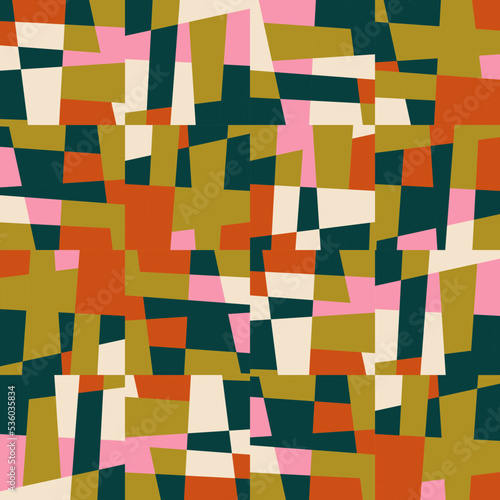 Abstract geometric vector background with random pattern of simple shapes like rectangle, square, triangle and polygon. Pastel colored retro style colorful mosaic.