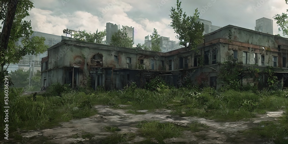 Abandoned urban development, overgrown with vegetation. Illustration, concept art.