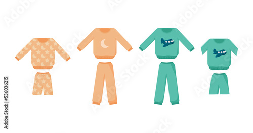 Set of children's pajamas. Warm pajamas. Pajamas for children.  Jacket, bike, pants, shorts. Vector illustration.