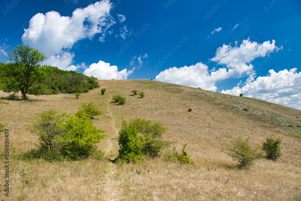 A path to Devin hills in Palava, in hot summer day under white clouds and blue sky. Czech Republic.