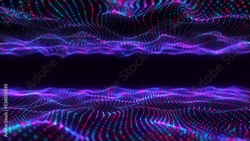 Digital technology double wave. Dark cyberspace with motion dots and line. Futuristic digital background. Big data analytics. 3d rendering.