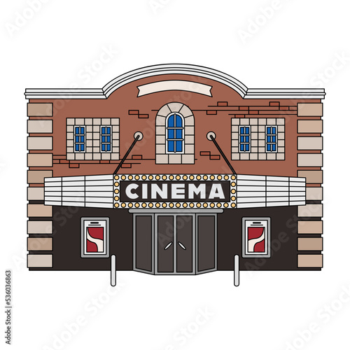 Cinema building vector illustration in line filled design
