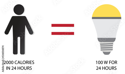 illustration of physics and biology, A person's energy in 24 hours is about 2000 calories, equal to the energy used for a 100 watt bulb for 24 hours, calorie is a unit of energy
