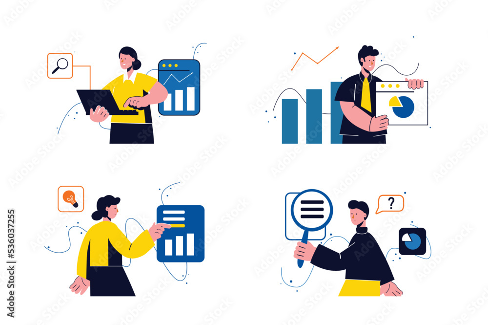 Searching opportunities concept with people four scenes in the flat cartoon style. Different employees are looking for the same opportunities for further work. Vector illustration.