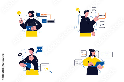 Programming working concept with people four scenes in the flat cartoon style. Programmers make every effort to write correct code for a program. Vector illustration.