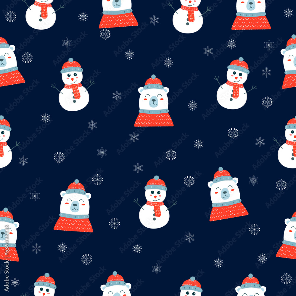 Seamless pattern with Cute smiling snowman and bear in a red hat and scarf on dark background Seamless pattern with Cute smiling snowman and bear in a red hat and scarf on dark background
