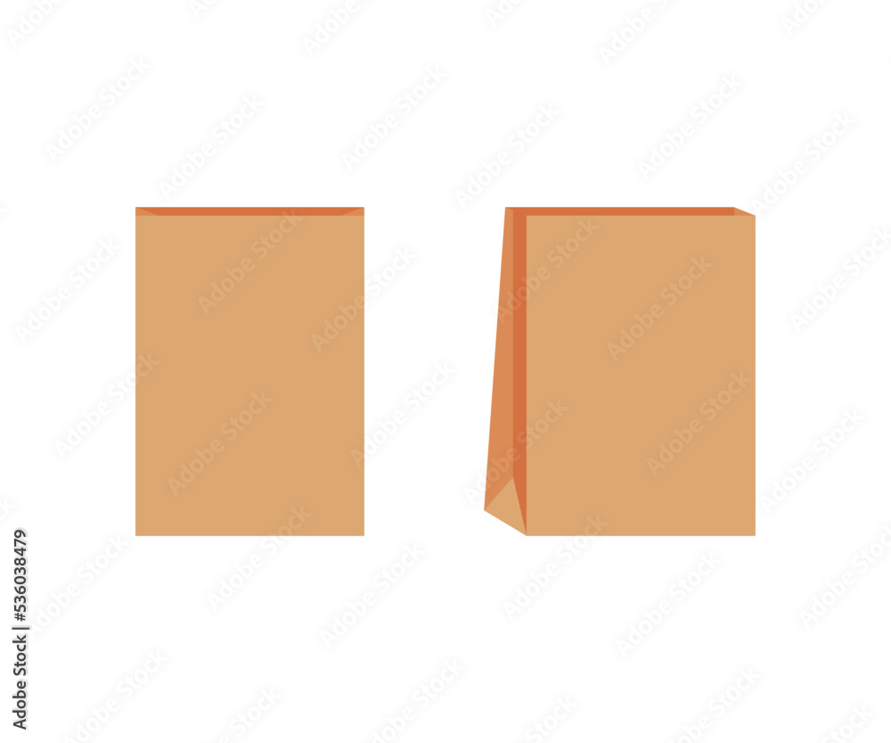 Fototapeta premium Paper bag without handle template of shopping. Brown craft paper pack for gift, food, item. Take Away, delivery service in eco bag. Mockups front and half turn. Vector illustration