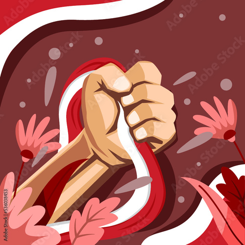 17 August. Indonesia Happy Independence Day greeting card with hands clenched, Spirit of freedom symbol. Use for banner, and background . - Vector