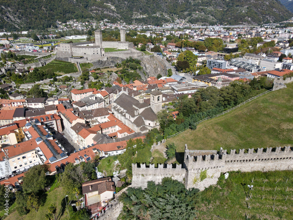 Drone view at the town of Bellinzona on Switzerland