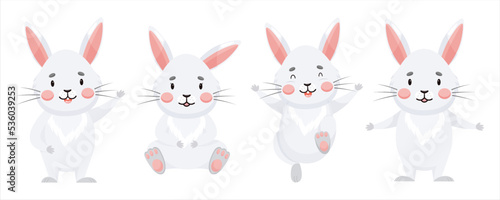 Set of baby gray rabbit in different poses, sitting, standing, waving, jumping. Cute happy bunnies Characters in cartoon style. Vector illustration isolated on white background
