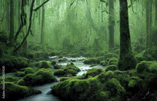 A calm stream in a mossy forest. Mossy forest stream. Larch tree forest in moss. Mossy larch tree forest scene