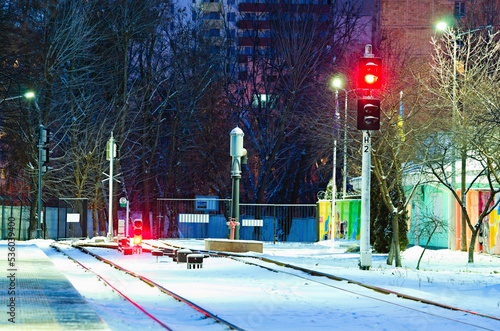 Scenic evening landscape view of Railway station with special railway equipment. Narrow gauge Kyiv Children's Railway in Syretsky Park photo