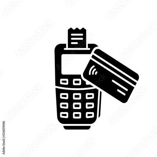 Credit Card with Pos Silhouette Icon. Banking Terminal for Cashless Payment Glyph Pictogram. Finance Machine Electronic Money Transaction Icon. Pay Pass Checkout Symbol. Isolated Vector Illustration