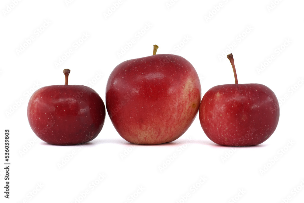 Three different sized red apples on white background Three different sized red apples on white background