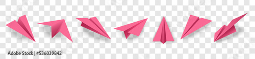 Realistic pink paper plane and origami airplane icon set. 3D model of planes isolated on transparent background.vector in eps 10