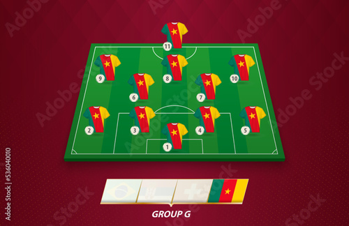Football field with Cameroon team lineup for European competition.