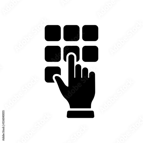Entry Pin Code on Keyboard Silhouette Icon. Hand Enter Password on Dial Keypad Glyph Pictogram. Security Bank Key Number on ATM Finger Press Button. Secret Combination. Isolated Vector Illustration