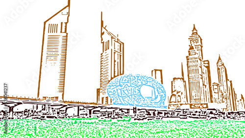 Museum of the Future in Dubai .United Arab Emirates Dubai architectural monuments set,Dubai landmarks detailed outline. Vector Illustration isolated on white