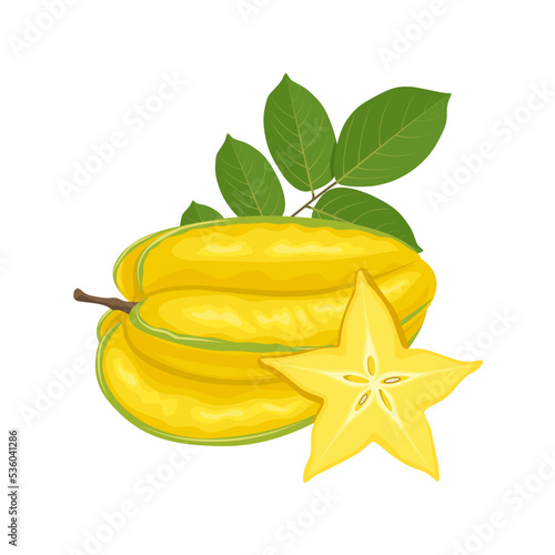 Vector illustration, ripe starfruit or carambola, whole and sliced, with green leaves, isolated on white background. photo