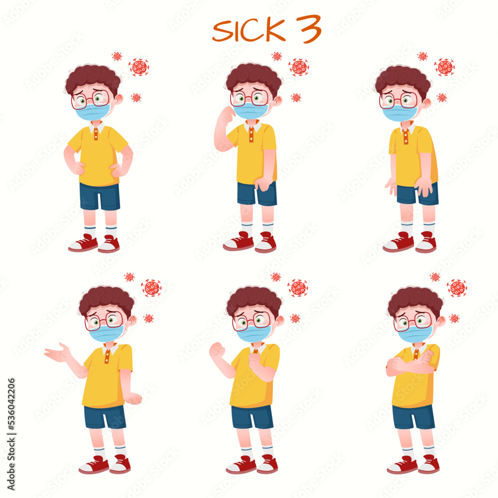 Set of kid boys showing sick expression.Vector illustration. Set of kid boys showing sick expression.Vector illustration.