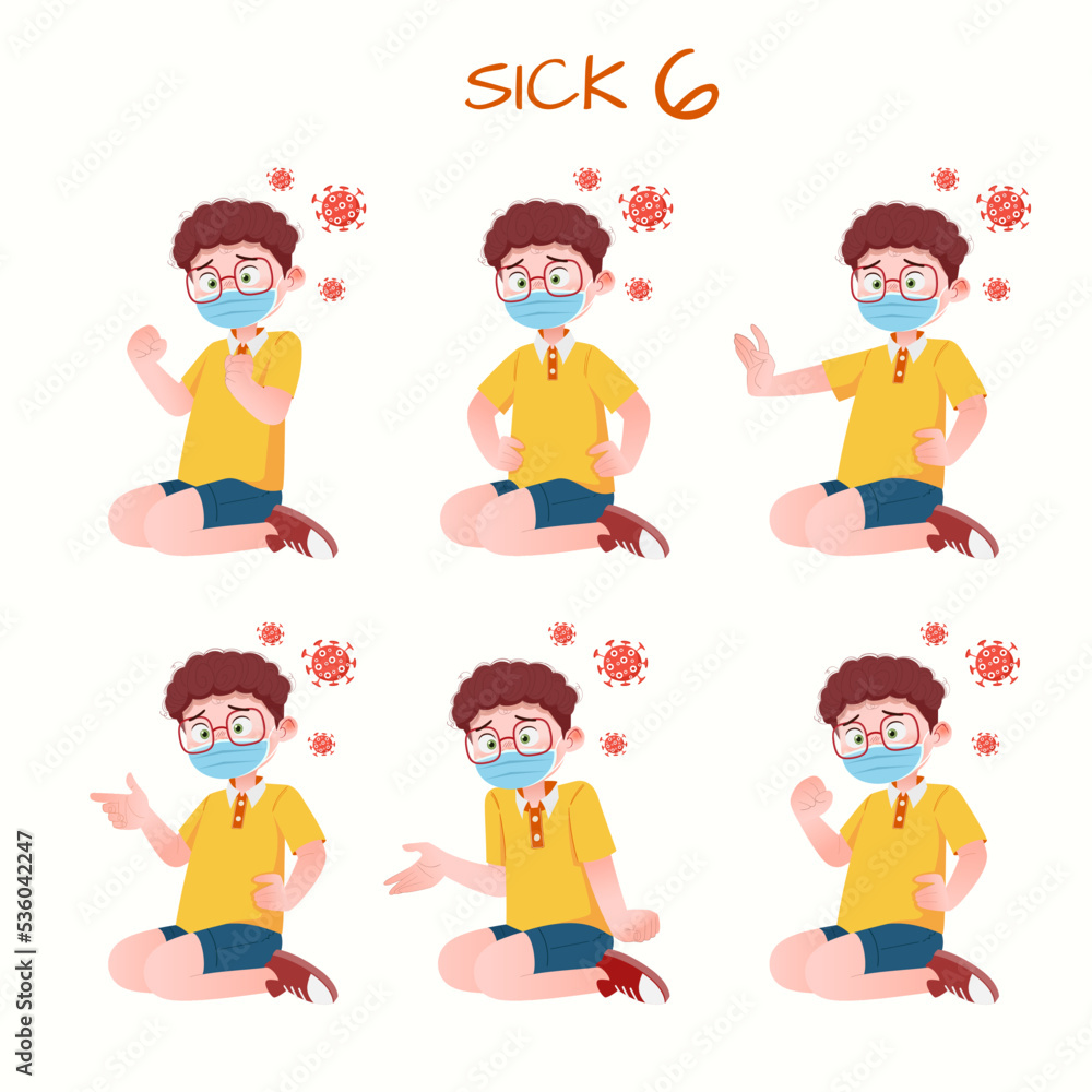 Set of kid boys showing sick expression.Vector illustration.