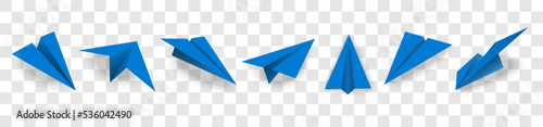 Realistic blue paper plane and origami airplane icon set. 3D model of planes isolated on transparent background.vector in eps 10