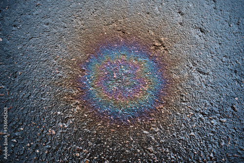 Colored oil stain on the asphalt. A rainbow slick of gasoline. Abstract background.