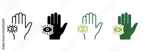 Mystic Hand Palm and All Seeing Eye Silhouette and Line Icon. Magic Providence Fatima Pictogram. Hamsa Egypt Esoteric Occult Amulet Icon. Khamsa Conspiracy. Editable Stroke. Vector Illustration