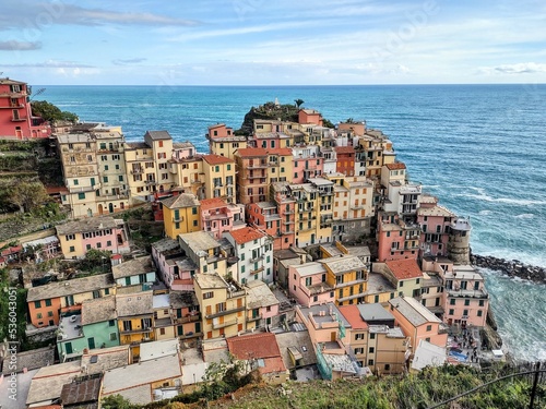 Seacoast of Cinque Terre with its villages and nature in Italy during a gloomy day of spring