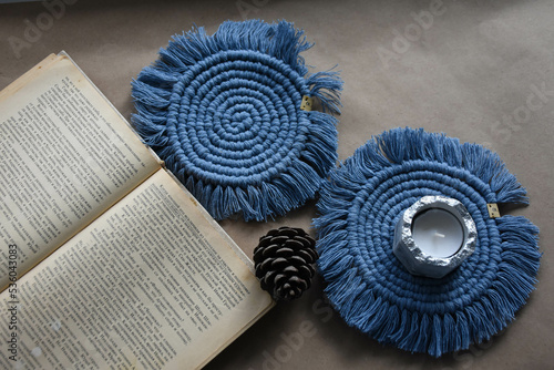 autumn atmosphere macrame napkins mug of tea and candles