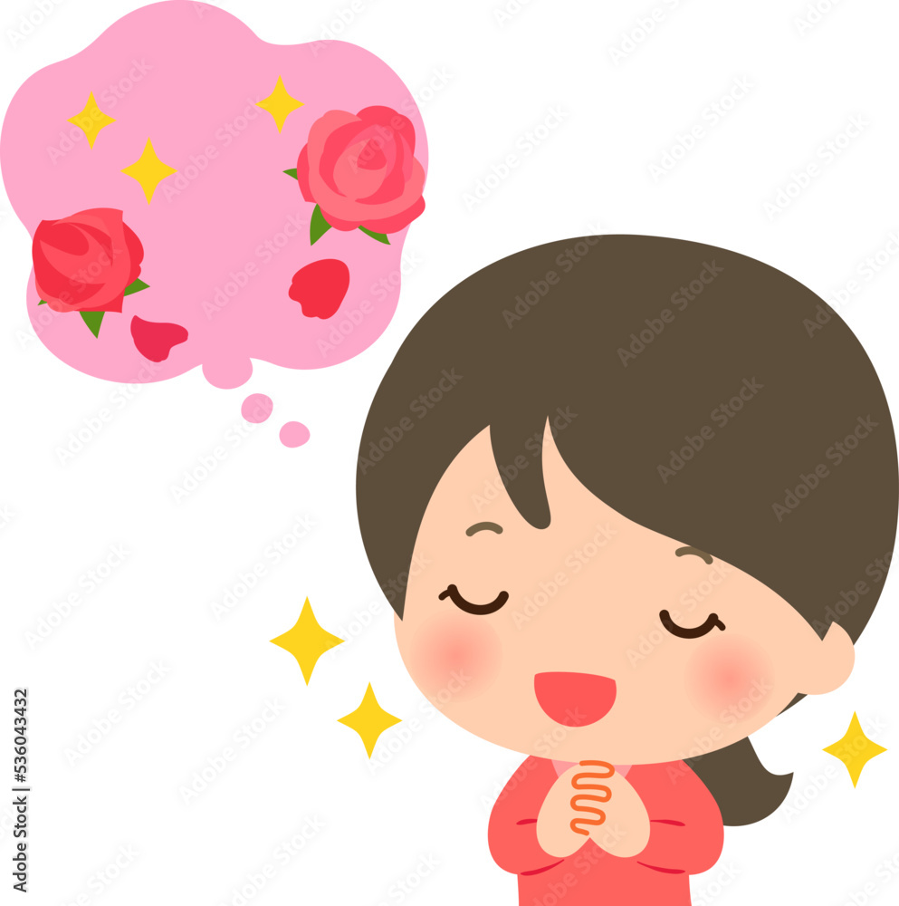 バラ色の想像に浸る笑顔の女性