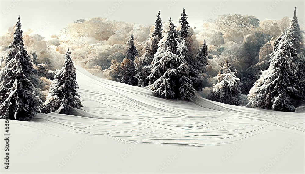 Φωτογραφία Concept art of an empty snowy mountain with an impressive milky environment, cloudy sky, bluish world, and a snowy forest behind a snowfield surrounded by white snow