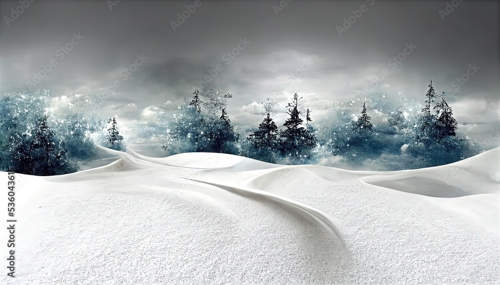 Φωτογραφία Concept art of an empty snowy mountain with cloudy skies, a bluish world, and a snowy forest behind a snowfield surrounded by white snow