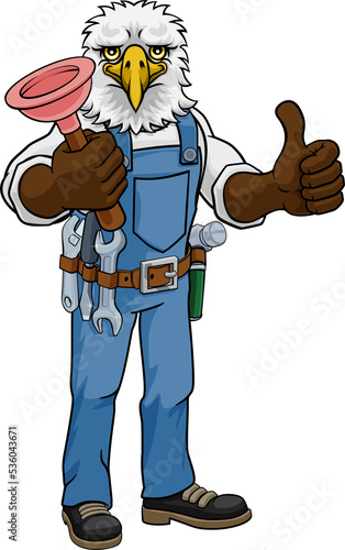 Fototapeta Naklejka Na Ścianę i Meble -  Eagle Plumber Cartoon Mascot Holding Plunger