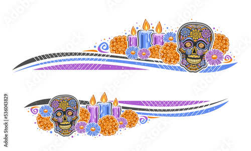 Vector border for Day of the Dead with empty copy space for text, greeting card with illustration of decorative art creepy skull, burning candles, festive orange flowers for day of the dead on white
